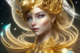  beautiful cosmic woman, golden skin, long hair, nice smiling, magic glamour make up, delicate colors, beautiful glamour galactique dress, ultra sharp focus, 8k, unreal engine 5, extremely sharp detail, light effect, soft light atmosphere of a spaceship, smooth, full of details, face in front, complete vision of face and hair and body