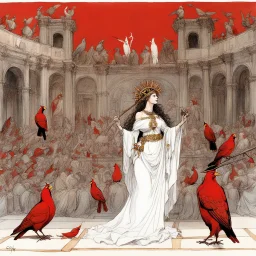[art by Ralph Steadman] Circe the incredible nymph with lovely braids in Sistine Chapel, she is surrounded by cardinals in the conclave