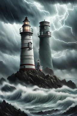 realistic lighthouse in front of a stormy lovecraftian landscape