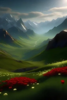 valle con flores de color rojo, pasto verde y corto, alrededor, montañas rocosas y nevadas, la luz solar enfocando el valle y el resto en sombras, ultra detallista