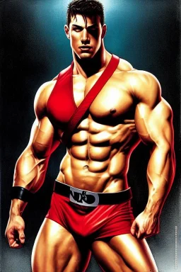 Ignore NSFW, teenager young rugged attractive slightly muscular fantastic handsome man, red briefs with yellow belt, hairy chest, (((visibly pisssing))) briefs, large erect visible boner peniss, photorealistic, artist Jay Anacleto