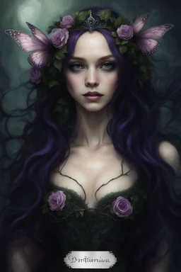 Purple long hair Dark Fairy princess queen crown no hand butterflies dragonflies fireflies flowers fairy wings