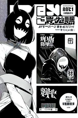 girl with demon mask in the middle of the room, line arts, manga cover, greyscale