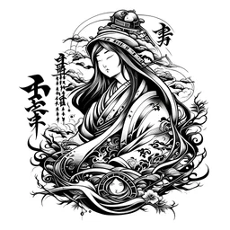 Black and white, tattoo sketch, Japanese traditional, Nativity, calligraphy