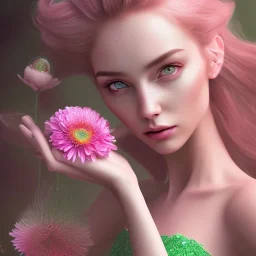 fairy, pink, green, beautiful, hyperrealism, masterpiece, expert, cinematic lighting, sharp focus, 8K, pastel, macro lens, woman, detailed, flower