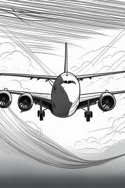 Outline art, no shading, plane flying, cartoon style, black and white, low detail, --ar 9:11
