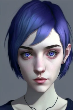 Realistic female teenager with pale skin, big grey eyes, blue and purple short hair, angular facial features, round face, prominent collarbones, black clothing