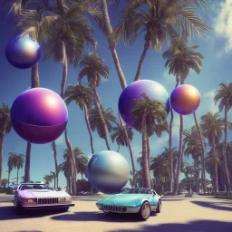 1980's aesthetic vaporwave palm trees and spheres and sports car