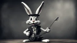 photorealistic deppressed dark melancholic sad Bugs bunny with blackeye deppressed doing music rock and roll dark heavy metal on a scene alcoholic, ciggaretes sad sad sad ciggarets