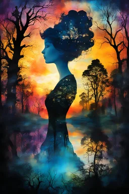 Double exposure photo illustration converging a sunset, rich in detail, with a Rococo style oil painting, elements of fairytale fantasy, dynamic composition, created by O.F.A, displayed on a textured background mimicking cracked paper, abstract alcohol ink splatters, chiaroscuro technique highlighting a veiled figure in an alien twilight woodland, silhouette marked by light and shadow interplay, alien flora with intricate patterns, color gradient resembling watercolor, suitable for poster design