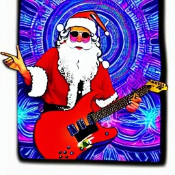 hippie Santa playing electric guitar psychedelic peace sign, MUSHROOMS, TRIPPY, ACID, LSD