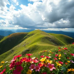 beautiful Green hills covered with flowers colorfull ,blue sky heavy clouds with godray ,very nice flowers at closeup ,wonderfull mountains at distance,beautiful lady clibming at hills full body shot