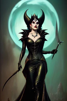 painting of morrigan hel as evil queen in black leather gown, feminie, angry, stern look on her face, emperious, highly detailed, digital painting, artstation, concept art, smooth, sharp focus, illustration, art by gaston bussiere and alphonse mucha