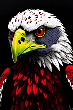 grey background; white, blood animated eagle who's just eyes and beak are in focus. the eagle is looking down