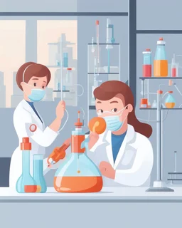 Vaccine research, scientists conducting experiments in laboratory. Vector illustration 3D