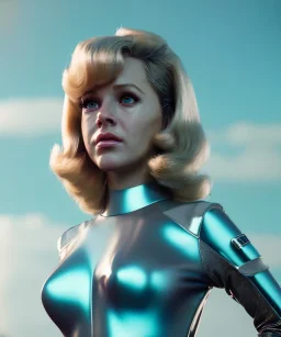 Ultra Realistic retro sci-fi movie, classic ovni levitating, 1960 year, waist up view portrait, blonde woman, sweet teenager Jane Fonda face, perfect cyan iris, glow eyes, face makeup, tight latex coat, retro glass helmet, Retro sci-fi style, soft color, highly detailed, unreal engine 5, ray tracing, RTX, lumen lighting, ultra detail, volumetric lighting, 3d, finely drawn, high definition, high resolution.