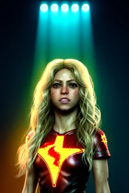 portrait, Shakira, blonde, angry, Realistic image, superhero, watchmen style, make-up, gold make-up, sweat, fog, goddess style, Neon colors, leds. Black background, photo studio, concept art, smooth, unreal engine 5, god lights, ray tracing, RTX, lumen lighting, ultra detail, volumetric lighting, 3d, finely drawn, high definition, 4k.