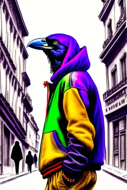 One single mature crow with hip hop clothes, dancing on the stree, Vienna, happy, perfect iris, colours, model style, hyper realistic, extremely accurate, delicate, extremely detailed, Graphic novel style, wide-angle, open aperture, superfine pencil