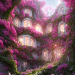 a magical flower bougainvillier fuksia house in the woods, pink vertical, sharp, vines, candlelit, endor, ornate, elegant, highly detailed, artstation, concept art, smooth, sharp focus, illustration, 8k, splash art, wallpaper, key visual