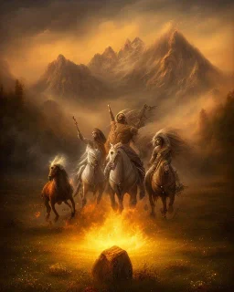 lost souls, the four horsemen of the apocalypse, rapture, peaceful meadow with mountains on fire in the background