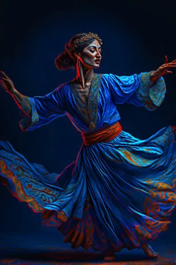 Ban Gogh style Title: "gypsy dancer , dancing, in blue background, insanely detailed octane render trending on artstation, 8k artistic photography, photorealistic concept art, soft natural volumetric cinematic perfect light, chiaroscuro, award-winning photograph, masterpiece, oil on canvas, Raphael, Caravaggio, Greg Rutkowski, people, beksinski, Giger