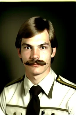 Young Jeffrey Dahmer in sheriff uniform with a mustache