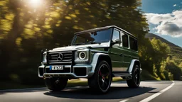 A sleek rear view of (((a cross of porsche and G-Wagon))), on street, with hill and trees around, a beautiful clouds and sunny weather, 4K, Superdetailed, No mistakes