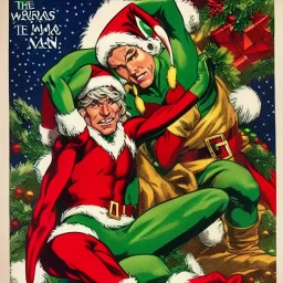 two elves. woman and man. Christmas scene. poster. marvel comic. low-key