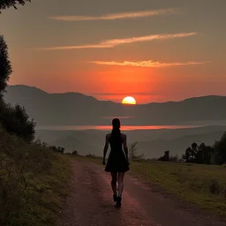 dark night, watching a woman from behind wearing a sleeveless dress who is walking towards a beautiful orange sunrise in the distance, mountains and forests around, photo quality