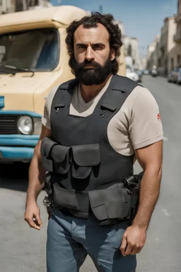 half figure photography of a 31 year old beefy burly sicilian plumber, wearing his work unbuttoned uniform, bulge, leaning with his back to his van, arms folded and angry look, , hairy chest, big belly, very virile, long black beard, very short hair, sweat, , in a sunny street, photorealistic