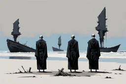 (((three)) long-legged lean determined black-grey monks with ((beak-shaped heads)) (wearing white khiton) standing in front of a boatwreck on a radioactive beach, front view, acrylic painting, minimal art, centered, wild sparse brushstrokes, amazing verticals, great parallels, low bleak colors of gray, blue and black, excellent negative space contrasts