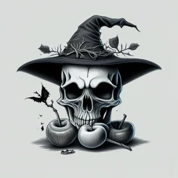 drawing of a Skull with a Witch hat, Skull has ghost eyes and is eating from a poison apple.