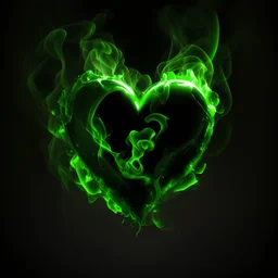 corazón verde flotando sobre llama de fuego con fondo negro