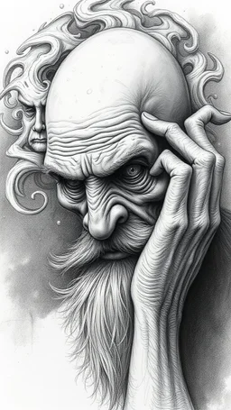 highly detailed graphite illustration, A surreal elderly figure with exaggerated anatomical features,heavily wrinkled skin, and an intense, contemplative expression. bald head, thick eyebrows, long beard merge into swirling abstract shapes. Large, other gripping the forehead tensely. Mysterious, introspective, dreamlike, somewhat dark fantasy. #𝙙𝙧𝙚art #prompt