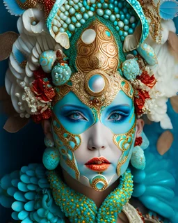 Beautiful woman portrait, adorned with m white blue and turquoise metallic filigree floral embossed and jade and malachite ribbed mineral stone colours and beige eggshell ocous and sea horse colour and brown and coralls red mollusk shell headdress, venetian style mollusk shell face masque and wearing sea costume armour ribbed with irridescent bioluminescense Golden dust and mollusk shell ribbed costume organic bio spinal ribbed detail of full extremely detailed hyperre