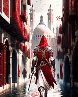 Assassin creed con dagas y espadas caminando por Venezia arte digital hiperdetallado detalles intrincados obra de arte rojo blanco 8k