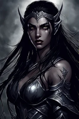 SA female elf with skin the color of storm clouds, deep grey, stands ready for battle. Her long black hair flows behind her like a shadow, while her eyes gleam with a fierce silver light. Despite the grim set of her mouth, there's a undeniable beauty in her fierce countenance. She's been in a fight, evidenced by the ragged state of her leather armor and the red cape that's seen better days, edges frayed and torn. In her hands, she grips two daggers, add dark shadow mystic purple flames