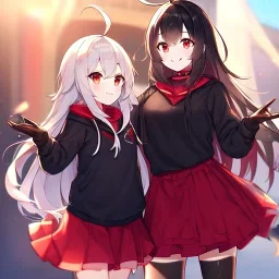 Clear focus,High resolution,High quality, Smiling, Black hoodie with a red collar, Wearing a red skirt, Wearing black long socks, Black Long hair with a ahoge, Red eyes, Wearing black gloves