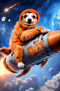 white and orange dog flies to the moon on top of the a rocket