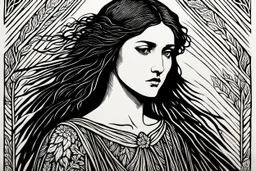 create a deeply powerful tragic, heart wrenching, evocative, and darkly magical full body woodcut of a raw and weathered raven maiden girl with highly detailed and deeply cut facial features, in the style of EDWARD BURNE-JONES, WILLIAM MORRIS, and KATHE KOLLWITZ , searing lines and forceful strokes