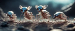 close up on dented glowing transparent ant skeleton rat babies, raised by ninja necromancer in the wild, in surreal reflecting stone chrome landscape