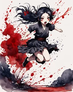 Petit girl goth, run pose, fullbody, splashes blood, behind guts rising from the ground, watercolor illustration by <Katsushika Hokusai>, darkred tones,