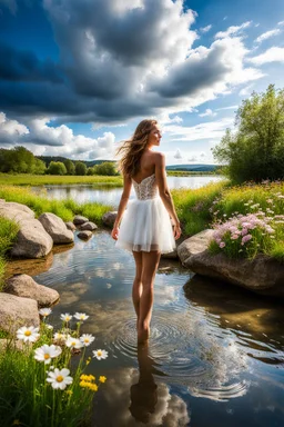 country side small river nice rocks at floor ,wild flowers, blosom pretty sky and cloudes a beautiful young lady standing gracefully in water