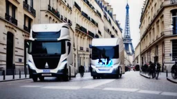 A police Tesla Cybertruck is chasing a Tesla 'Model S Plaid' at top speed, by the 'Sacre Coeur', in Paris. CINEMATIC. WIDE ANGLE LENS. PHOTO REAL.