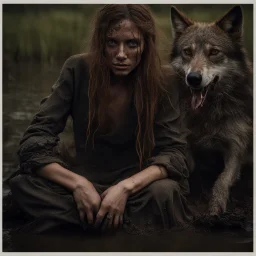 Beautiful female stringy dirty model partially covered with mud is sitting in the mud in a swampy moor, golden hour, an eerie apparition with a wolf appearing in the background, Highly detailed Portrait, 4k, 35mm, professional photography, natural light