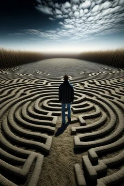 A man enters a labyrinth and the background sky draws the shape of a skull