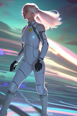 woman in a skin-tight spacesuit, with blond hair in a pigtail, walking towards a spaceship, back to the camera, on a path, wooded landscape in the distance, blue sky