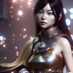 hitomi tanaka, athena clothes, long black hair, realistic, intriacte detail, sci-fi fantasy style, volumetric lighting, particales,highly detailed,cinamatic, deep colours,8k