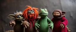 masterfully knitted Hobgoblin ,Gnoll ,Troglodyte and Lizard Man muppet puppet band