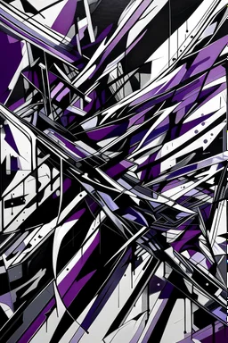 Crea una maqueta abstracta que su tema sea el miedo, con formas inclinadas y puntiagudas, en colores negro, morados y blanco